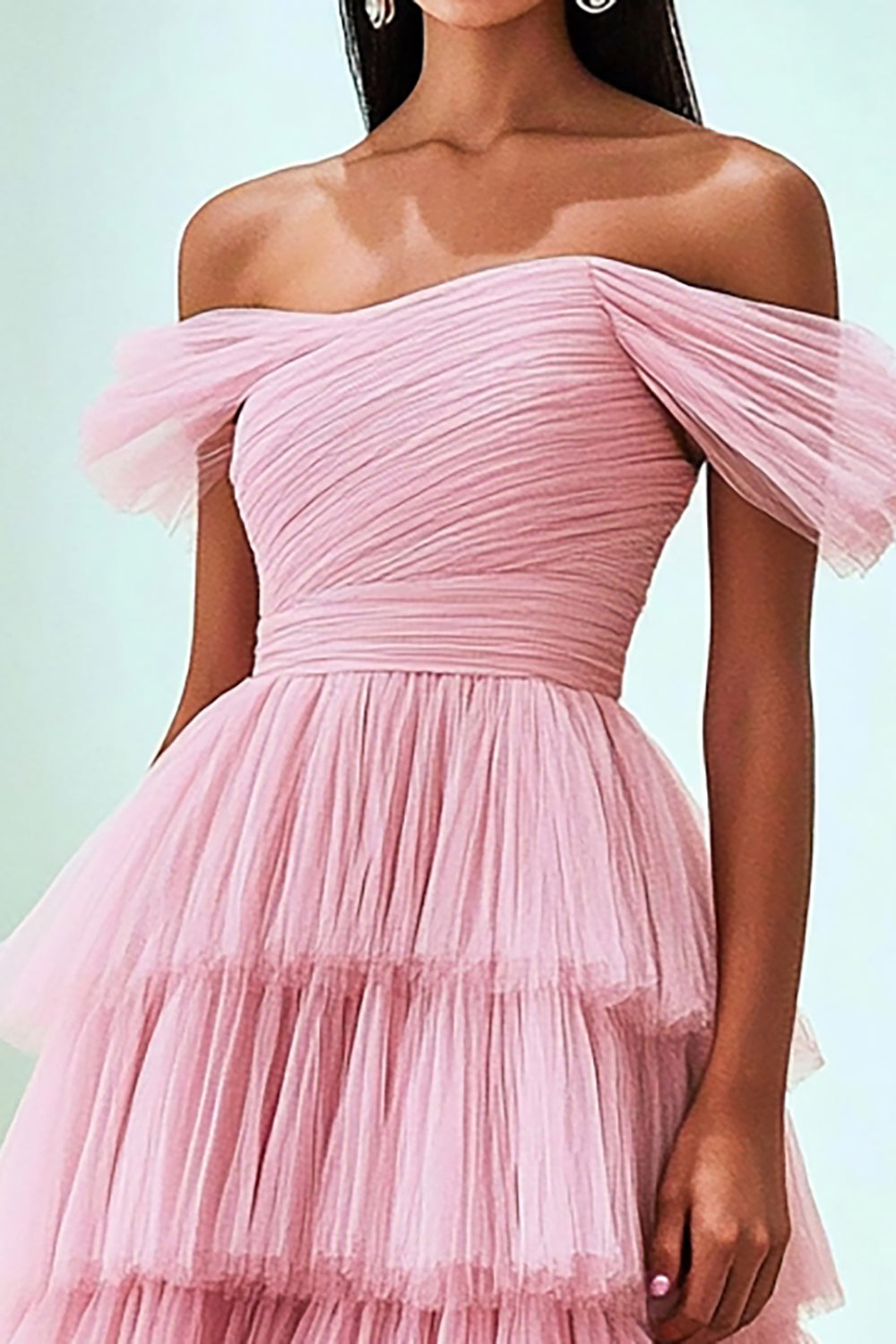 Pleated Tulle A Line Off the Shoulder Pink Prom Dress