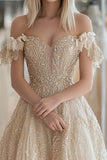 Sparkly Champagne Tulle Sweetheart Off the Shoulder Prom Dress