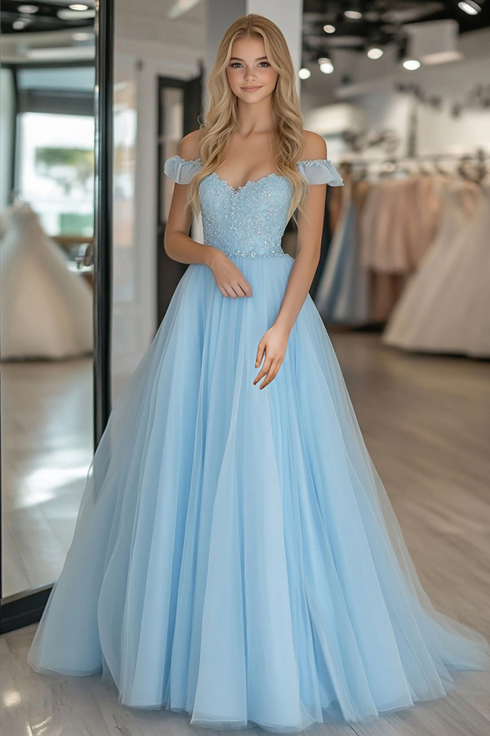 Lace Tulle A Line Sky Blue Off the Shoulder Prom Dress