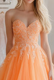 Orange Lace Tulle A Line Sweetheart Prom Dress