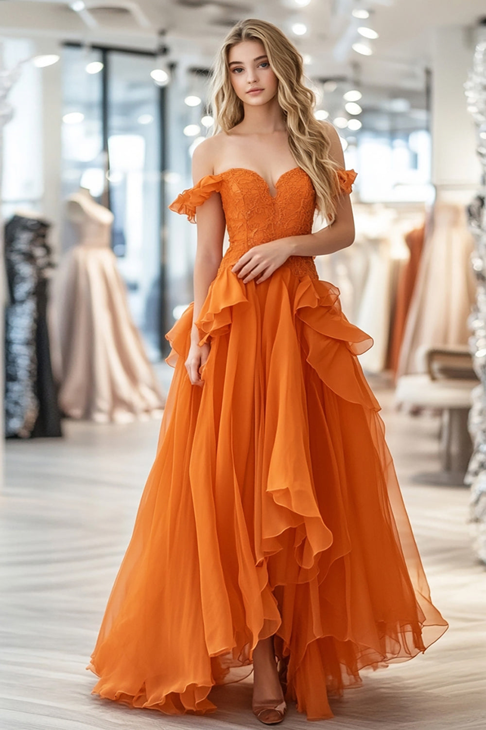 Organza Lace Orange A Line Off the Shoulder Ruffled Long Prom Dress