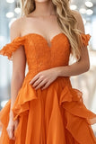 Organza Lace Orange A Line Off the Shoulder Ruffled Long Prom Dress