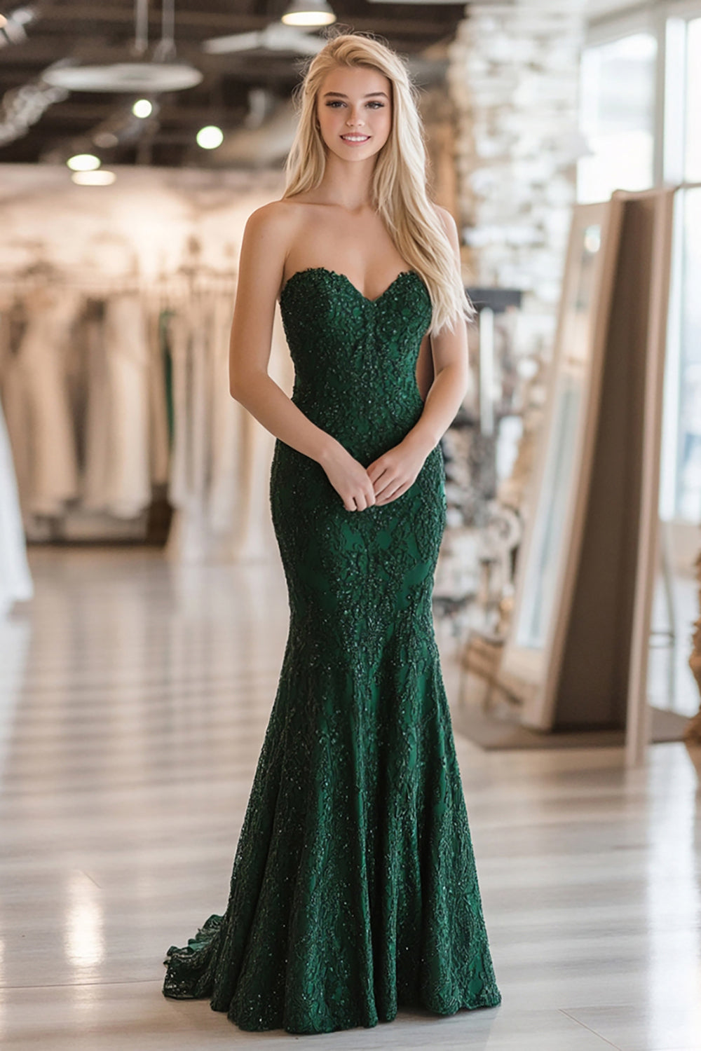 Mermaid Dark Green Sweetheart Lace Applique Long Prom Dress