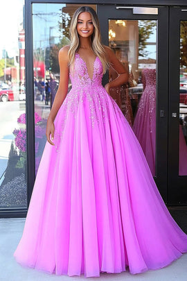 Fuchsia Princess Spaghetti Straps Tulle Long Prom Dress with Appliques