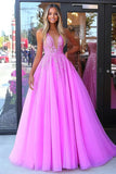 Fuchsia Princess Spaghetti Straps Tulle Long Prom Dress with Appliques