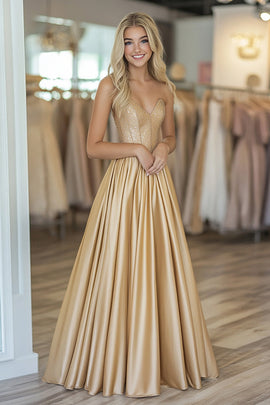 Gold Satin Sweetheart A Line Ruched Prom Dress with Beading