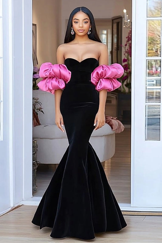 Black&Pink Mermaid Sweetheart Puff Sleeves Long Formal Dress