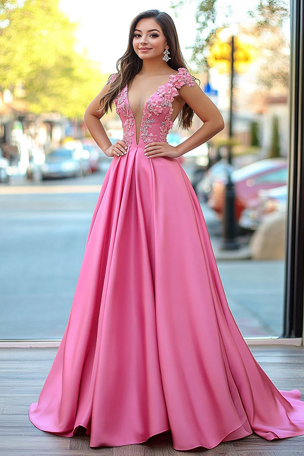 Sparkly Pink Princess V Neck Satin Long Prom Dress with Appliques