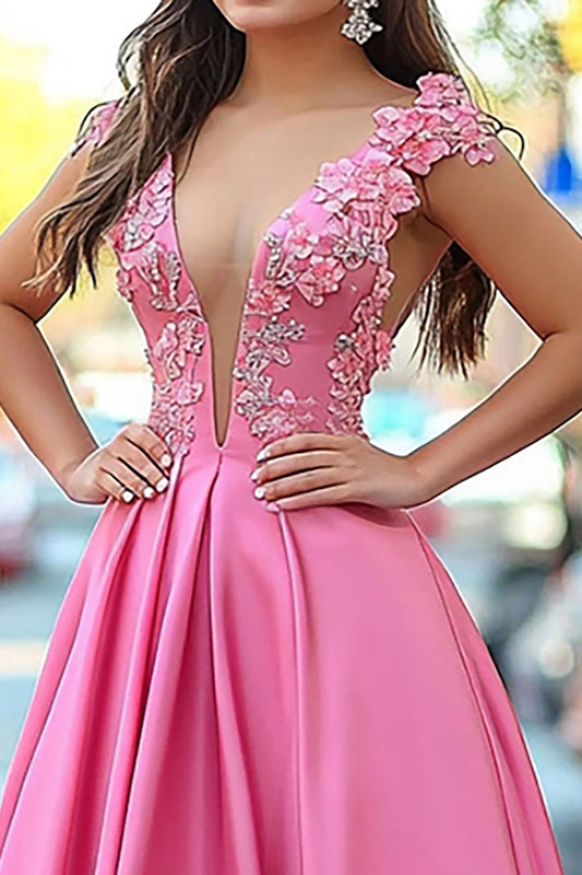 Sparkly Pink Princess V Neck Satin Long Prom Dress with Appliques