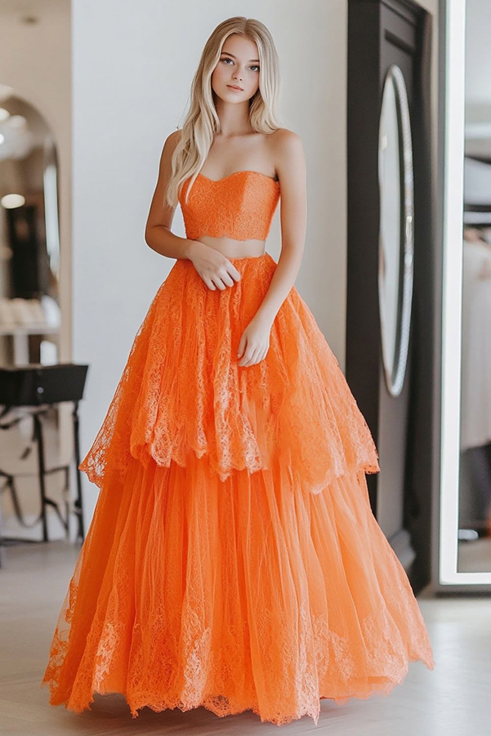 Orange A-Line 2-Piece Sweetheart Ruffled Lace Long Prom Dress