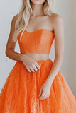 Orange A-Line 2-Piece Sweetheart Ruffled Lace Long Prom Dress