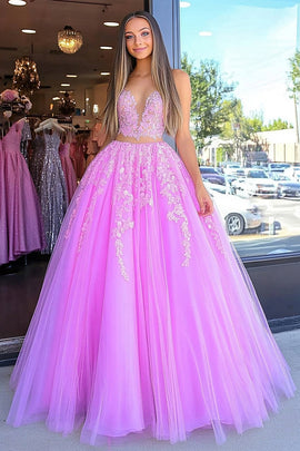 Fuchsia Princess 2 Pieces Sweetheart Tulle Long Prom Dress with Appliques