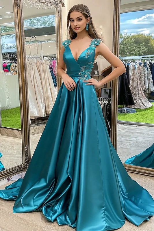 Glitter Peacock A-Line Wrap V-Neck Satin Long Prom Dress with Appliques