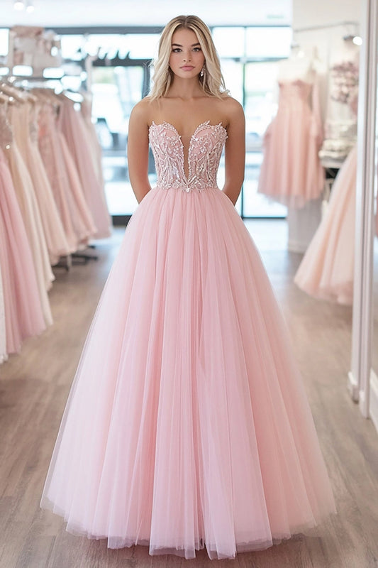 Sparkly Pink Ball Gown Sweetheart Tulle Long Prom Dress with Appliques