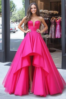 Fuchsia Princess Sweetheart High-Low Satin Long Prom Dress