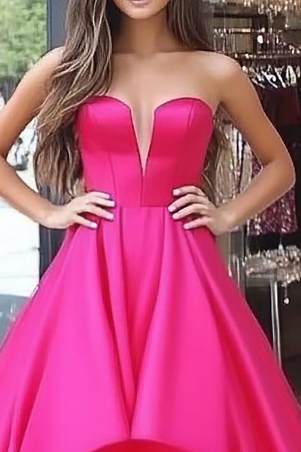 Fuchsia Princess Sweetheart High-Low Satin Long Prom Dress