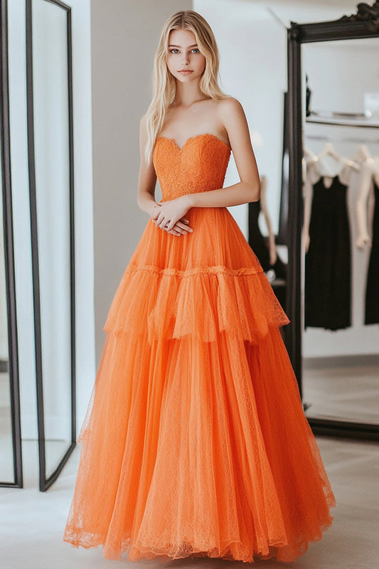 Orange Princess Sweetheart Tiered Lace Long Prom Dress