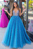 Sparkly Blue Princess V-Neck Sequin Tulle Long Prom Dress