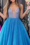 Sparkly Blue Princess V-Neck Sequin Tulle Long Prom Dress