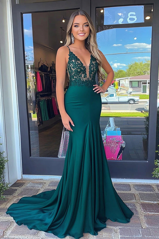 Glitter Dark Green Mermaid Spaghetti Straps Satin Long Prom Dress with Appliques