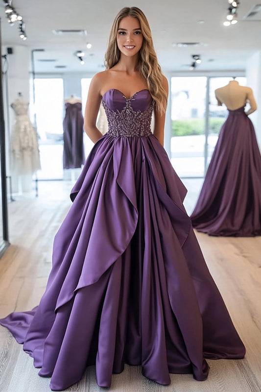 Sparkly Plum Princess Sweetheart Ruffled Satin Long Prom Dress with Appliques