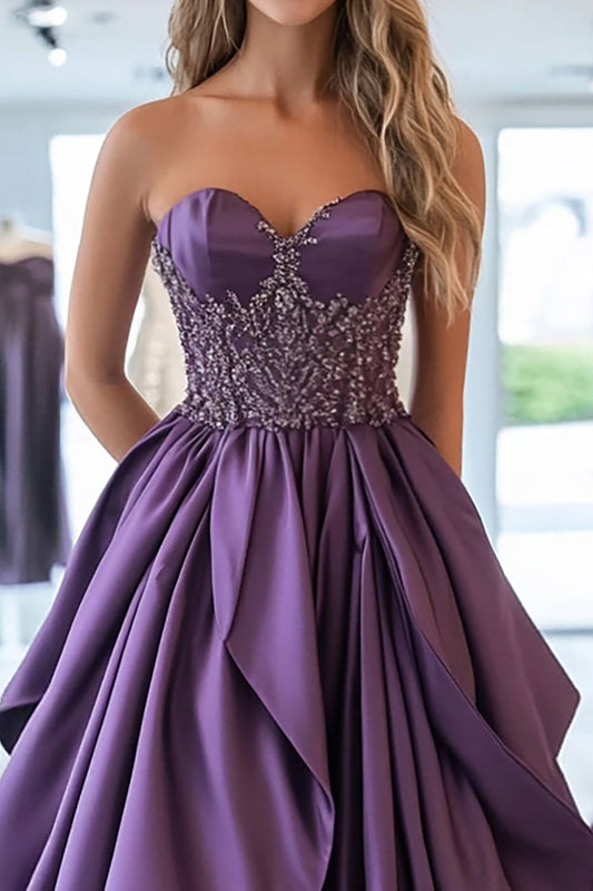 Sparkly Plum Princess Sweetheart Ruffled Satin Long Prom Dress with Appliques