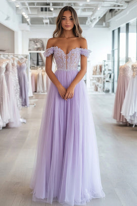 Sparkly Lilac A-Line Off the Shoulder Tulle Long Formal Dress with Appliques