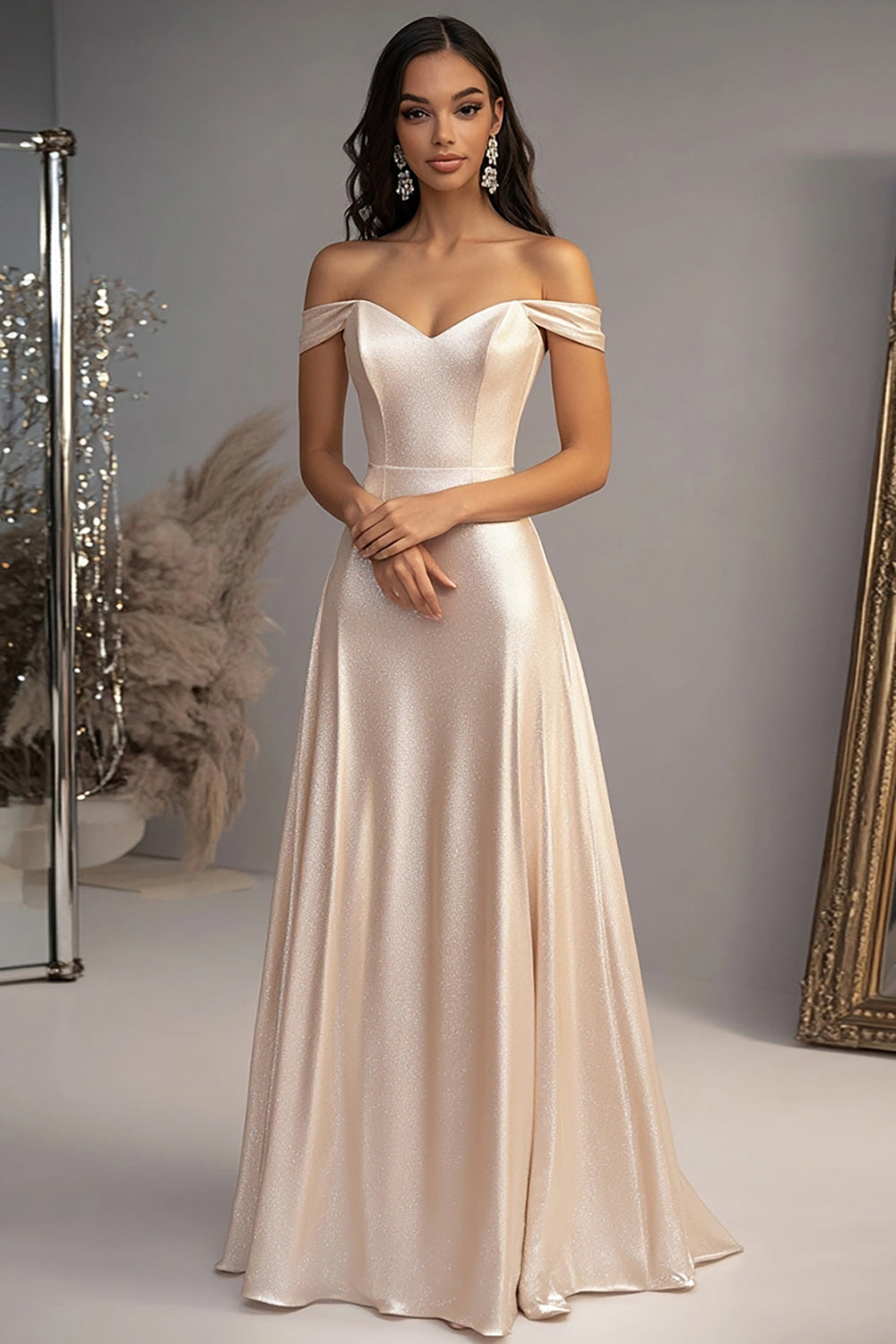 Elegant Champagne A-Line Off the Shoulder Satin Long Prom Dress