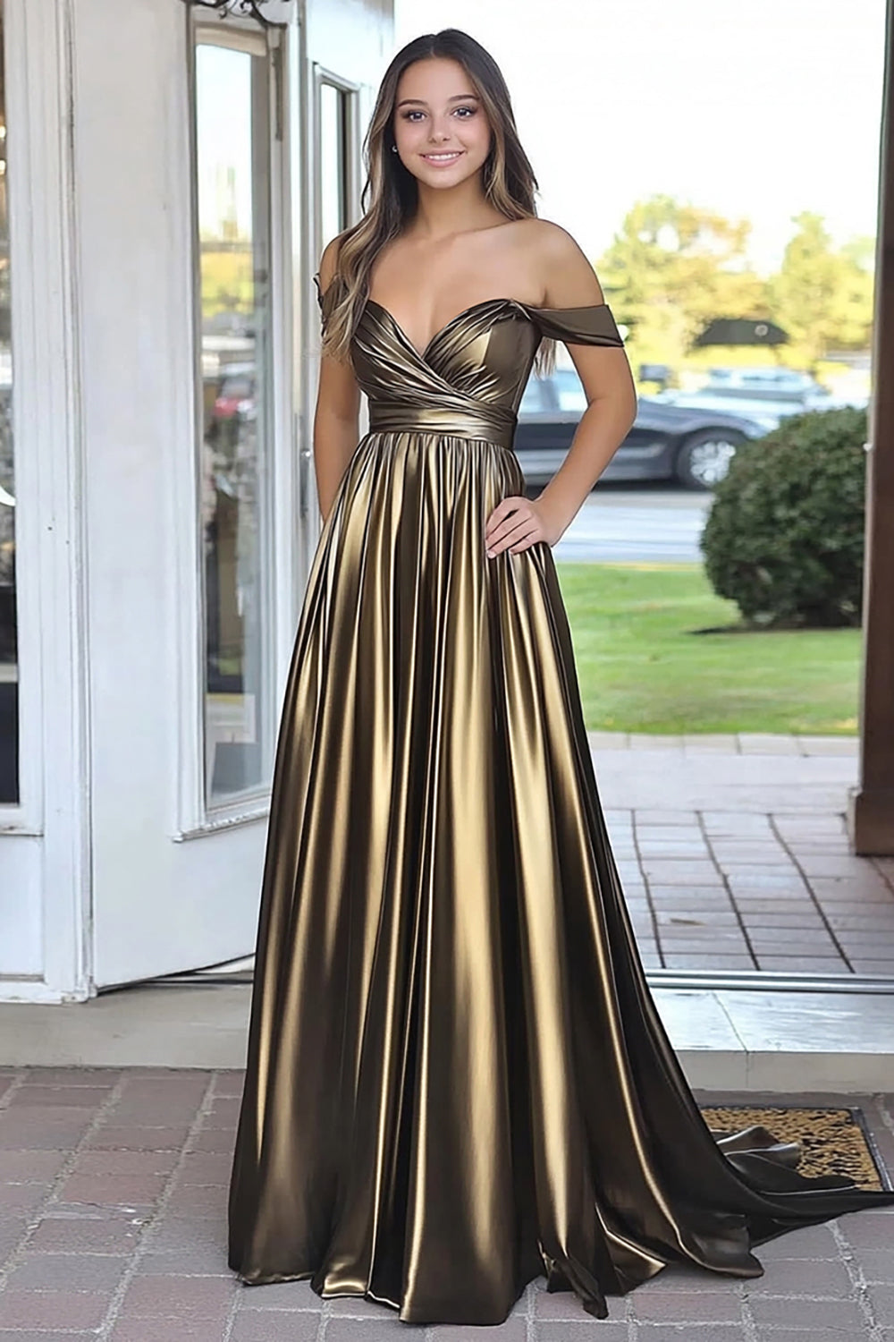 Metallic Black Golden Off the Shoulder A Line Pleated Prom Dress