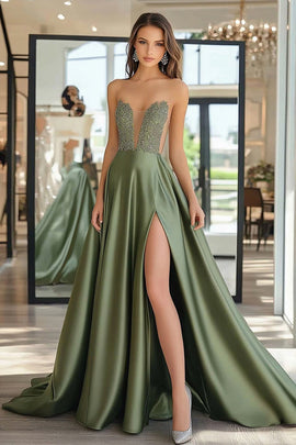 Dusty Sage A Line Sweetheart Satin Applique Long Prom Dress with Slit