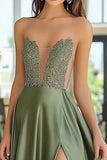 Dusty Sage A Line Sweetheart Satin Applique Long Prom Dress with Slit