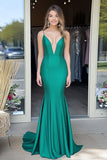 Simple Green Mermaid Deep V-Neck Satin Long Prom Dress