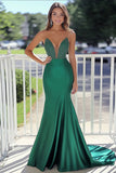 Green Satin Sweetheart Mermaid Long Prom Dress with Beading