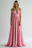 Off the Shoulder Watermelon A Line Satin Long Bridesmaid Dress