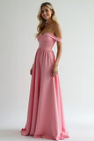 Off the Shoulder Watermelon A Line Satin Long Bridesmaid Dress