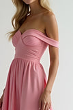 Off the Shoulder Watermelon A Line Satin Long Bridesmaid Dress