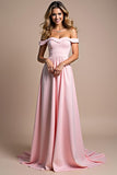 A Line Pink Off the Shoulder Ruched Long Bridesmaid Dress