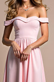 A Line Pink Off the Shoulder Ruched Long Bridesmaid Dress