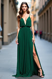 Dark Green Deep V-Neck Pleated Long Bridesmaid Dress with Slit