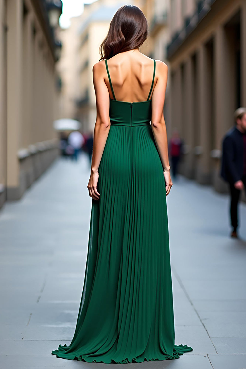 Dark Green Deep V-Neck Pleated Long Bridesmaid Dress with Slit