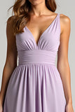 A Line Lilac Ruched Long Bridesmaid Dress