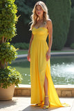 Strapless Yellow Backless Long Bridesmaid Dress with Slit