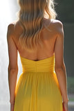 Strapless Yellow Backless Long Bridesmaid Dress with Slit