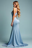 Spaghetti Straps Dusty Blue Sheath Long Bridesmaid Dress with Slit