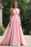 A Line Ruched Pink V-Neck Long Bridesmaid Dress