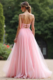 A Line Ruched Pink V-Neck Long Bridesmaid Dress