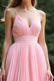 A Line Ruched Pink V-Neck Long Bridesmaid Dress