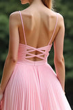 A Line Ruched Pink V-Neck Long Bridesmaid Dress