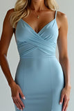 Sheath Dusty Blue Spaghetti Straps Long Bridesmaid Dress with Slit