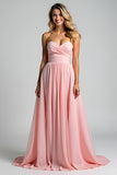 A Line Pink Sweetheart Ruched Long Bridesmaid Dress